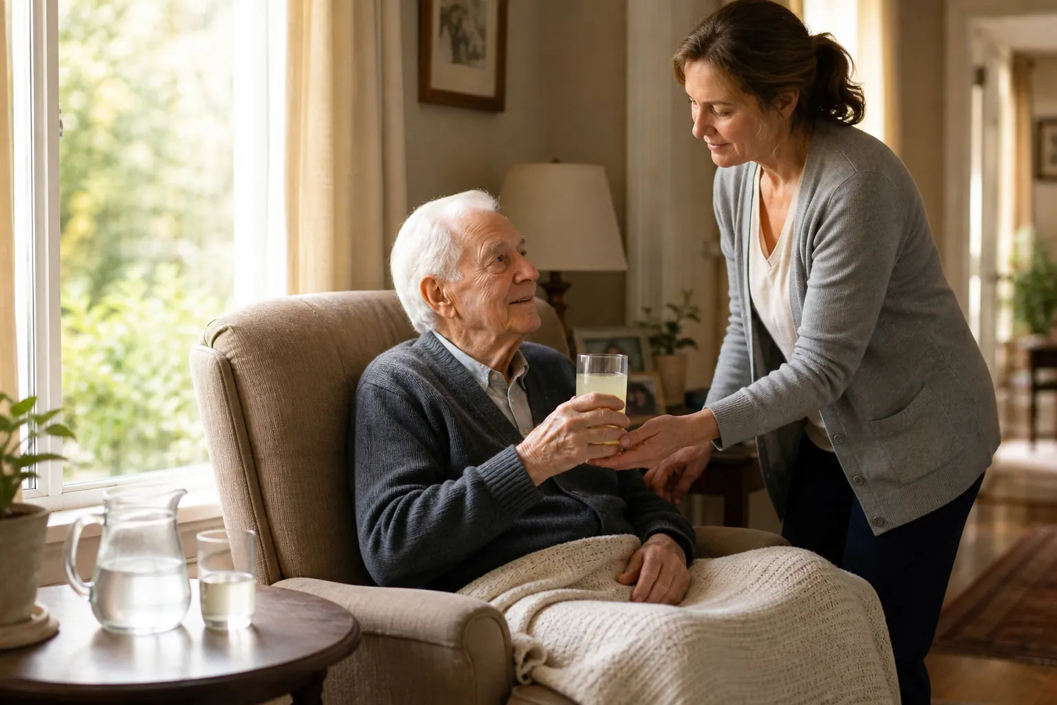 Older adult resting at home while a caregiver offers a rehydration drink