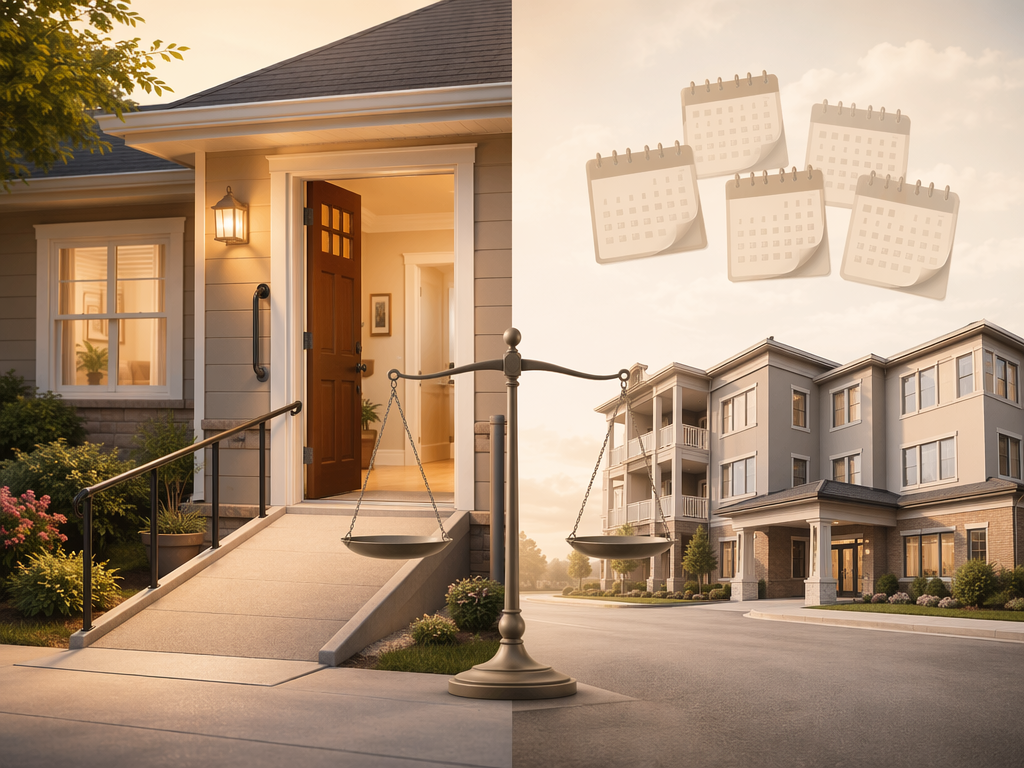 A split comparison visual showing a warm modified home entrance with ramp and grab bar on one side and a neutral assisted living building exterior on the other, with a subtle balance scale element between them.