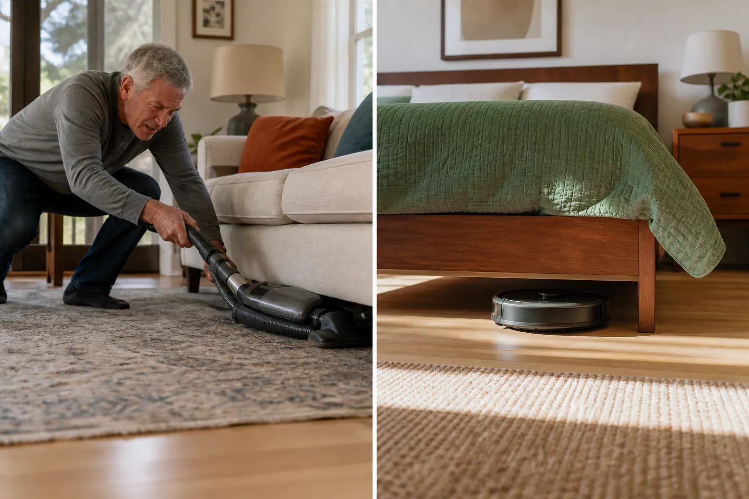 Older man straining with an upright vacuum beside a robot vacuum cleaning under furniture