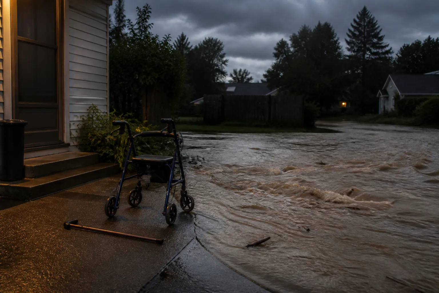 Fast-moving muddy flood water crossing a driveway near a rollator walker and cane