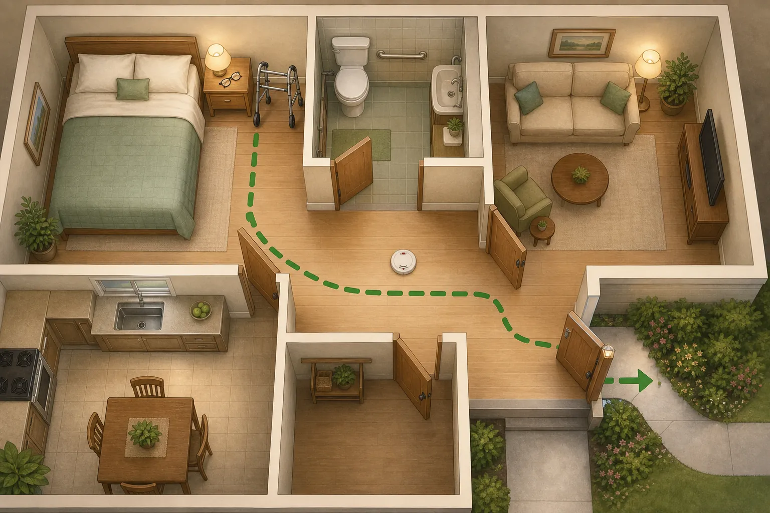 Bedroom floor plan with walker and eyeglasses beside the bed and a clear route to an exterior door