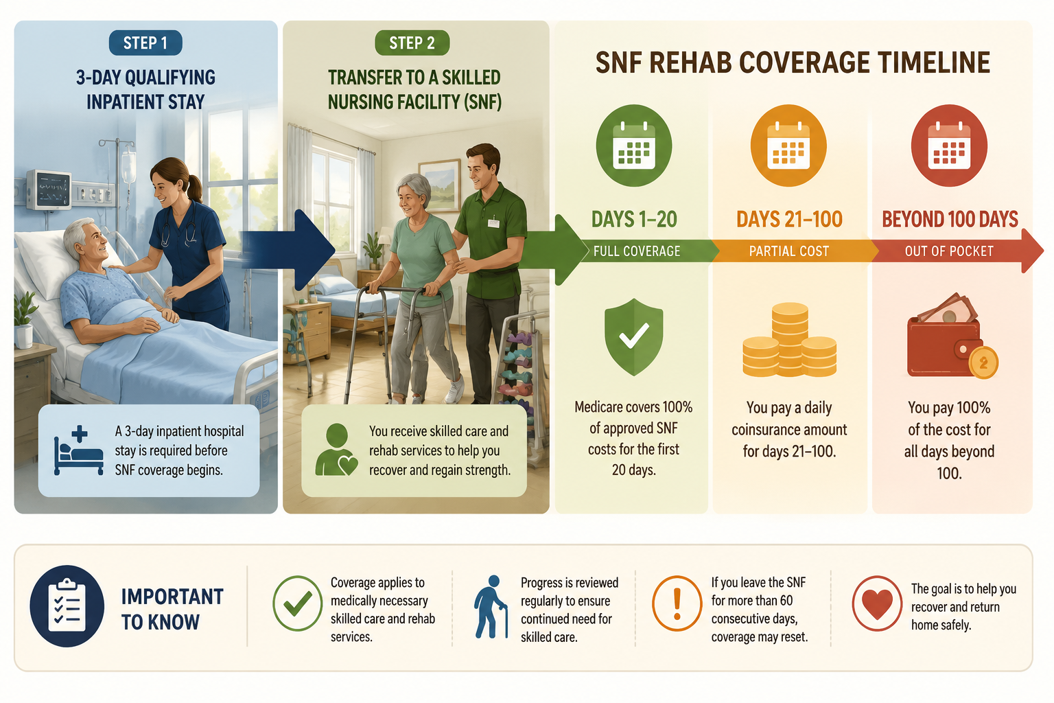 Timeline of hospital stay leading to skilled nursing facility rehab coverage days