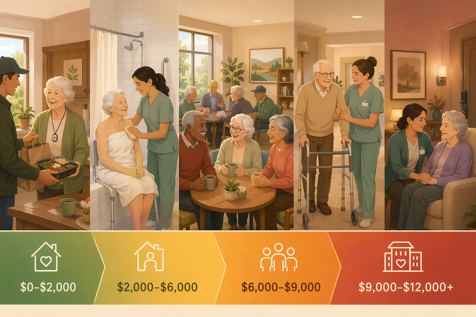 A horizontal infographic-style illustration showing a spectrum of senior living assistance options from left (least intensive) to right (most intensive), including in-home meal delivery and a medical alert pendant, home health aide assisting with bathing, a senior center social gathering, an assisted living community with caregiver helping a resident with a walker, and a memory care wing with a caregiver sitting with a resident. A bottom gradient bar shifts from green through yellow and orange to red, indicating relative monthly cost ranges.
