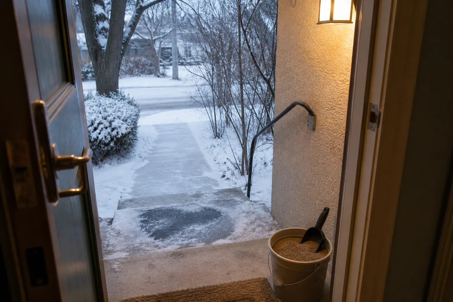 Snowy front steps and walkway seen from an open door, with black ice, a handrail, porch light, and traction supplies nearby