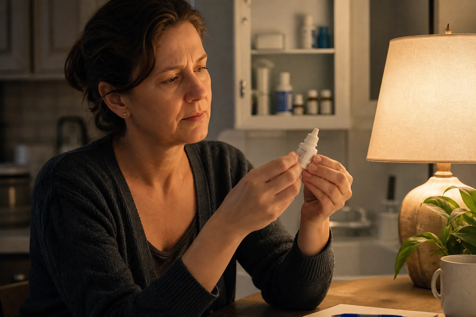 Adult caregiver reading the fine print on a small eye drop bottle under a kitchen lamp