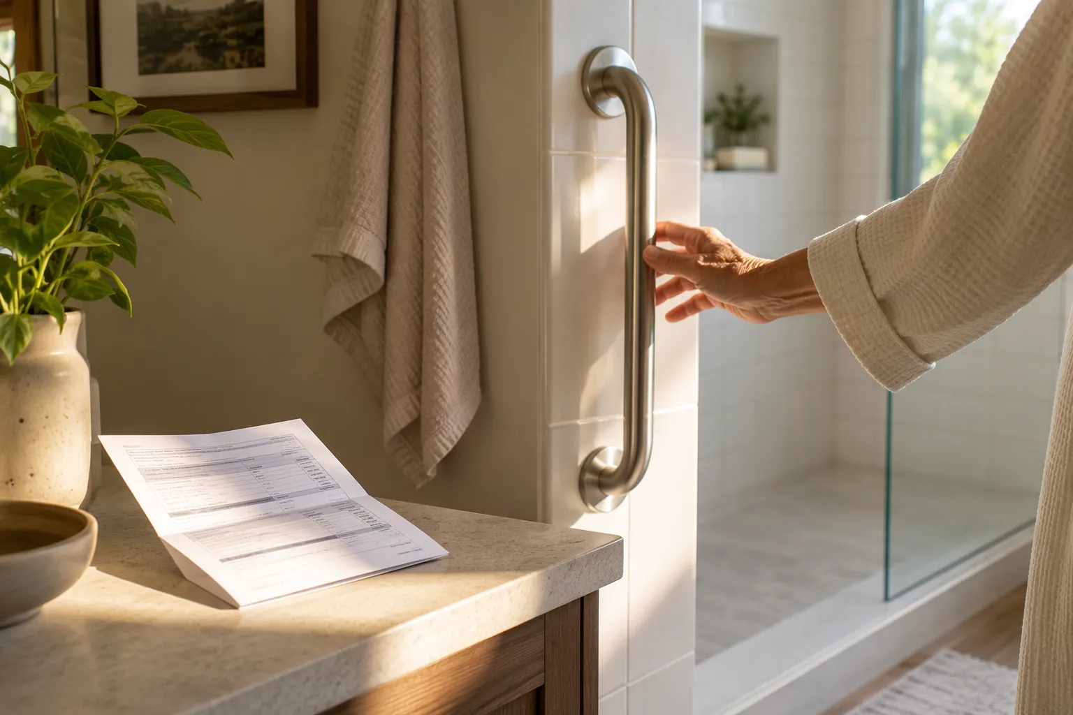 A hand reaching toward a bathroom grab bar with a property tax notice on the counter