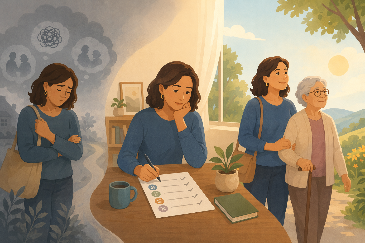 A three-panel narrative illustration showing an adult caregiver's emotional journey: a figure with subtle grey tones suggesting guilt on the left, the same figure reviewing a checklist at a table in the center, and the figure standing calmly beside an elderly parent on the right.