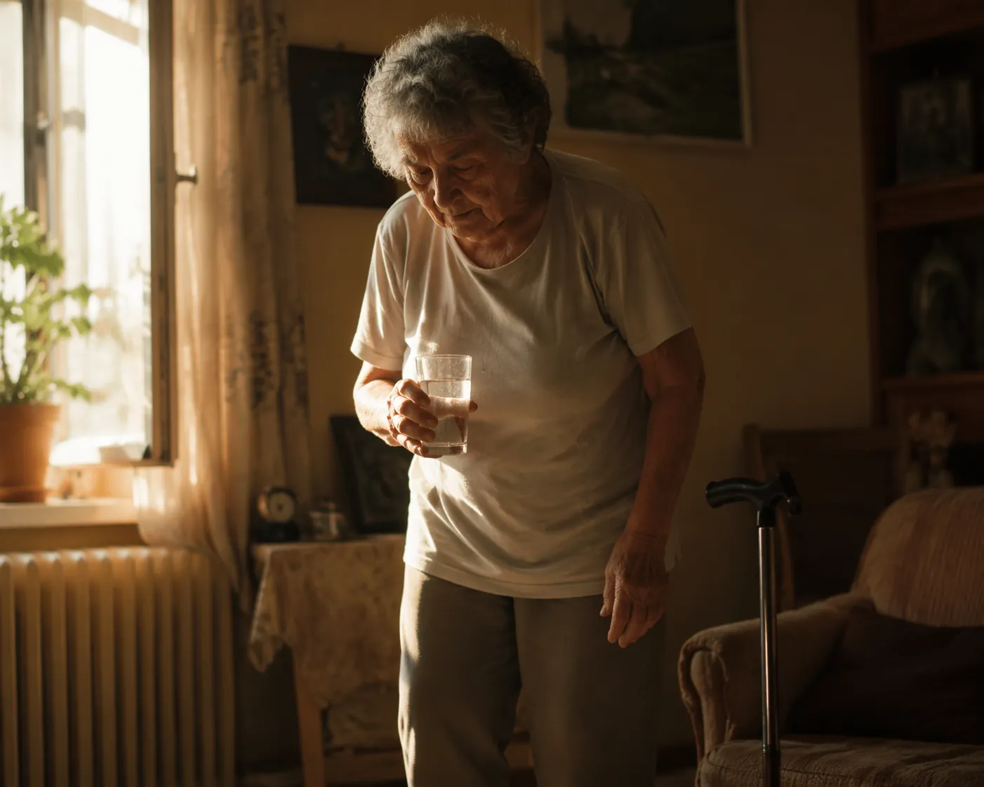 Older adult standing carefully in a warm living room with water and a cane nearby