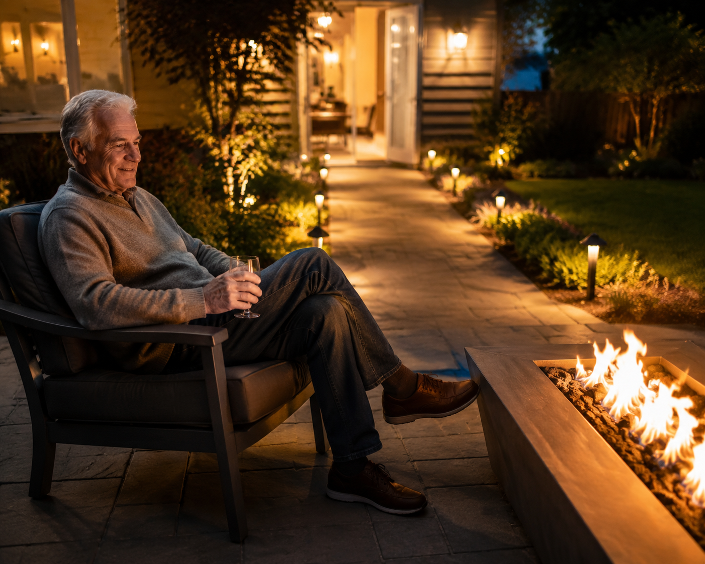 Older adult seated in a sturdy outdoor chair with armrests beside a modern gas fire pit on a level patio with pathway lighting