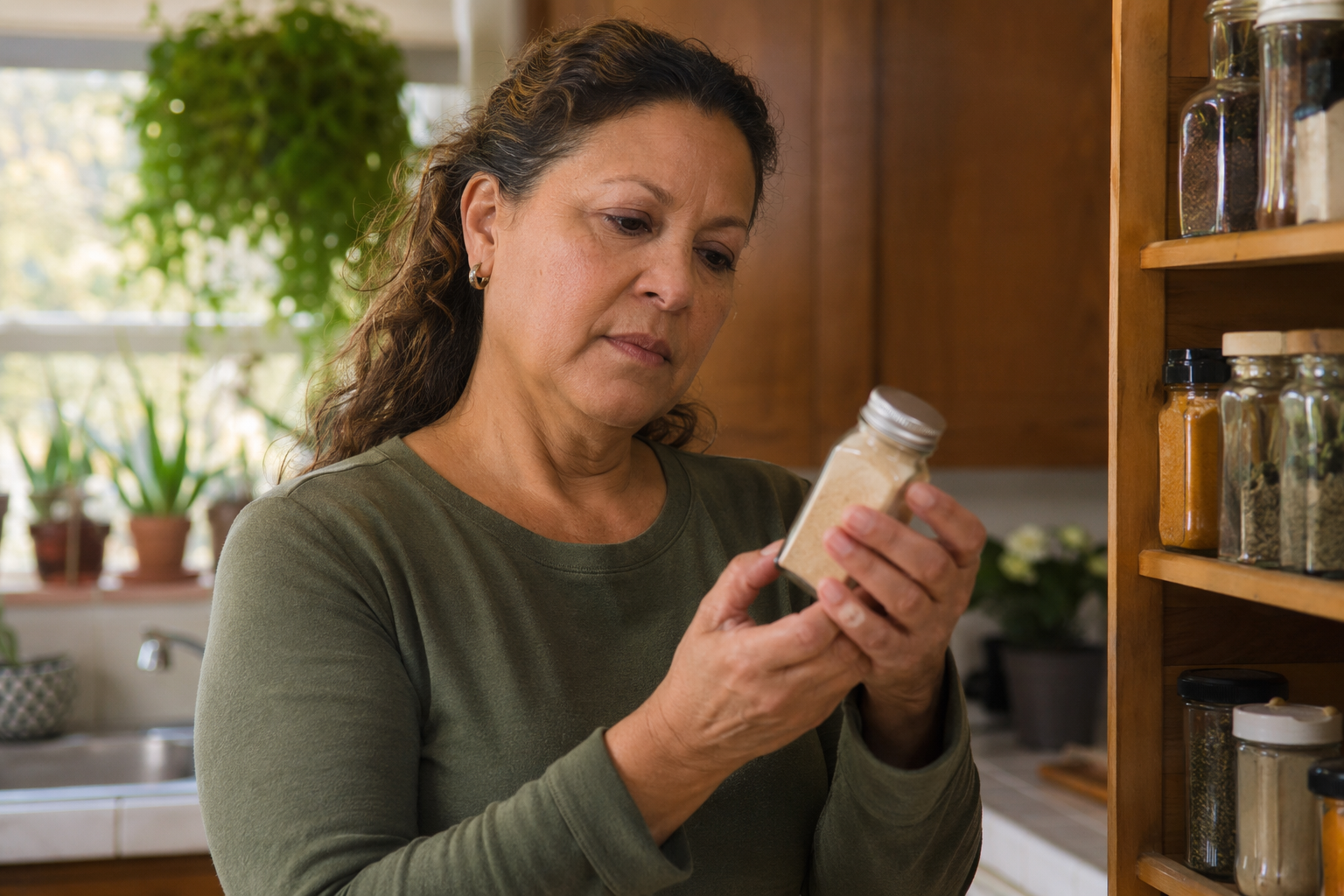 Caregiver reading the lot number on a garlic powder jar in a senior's kitchen