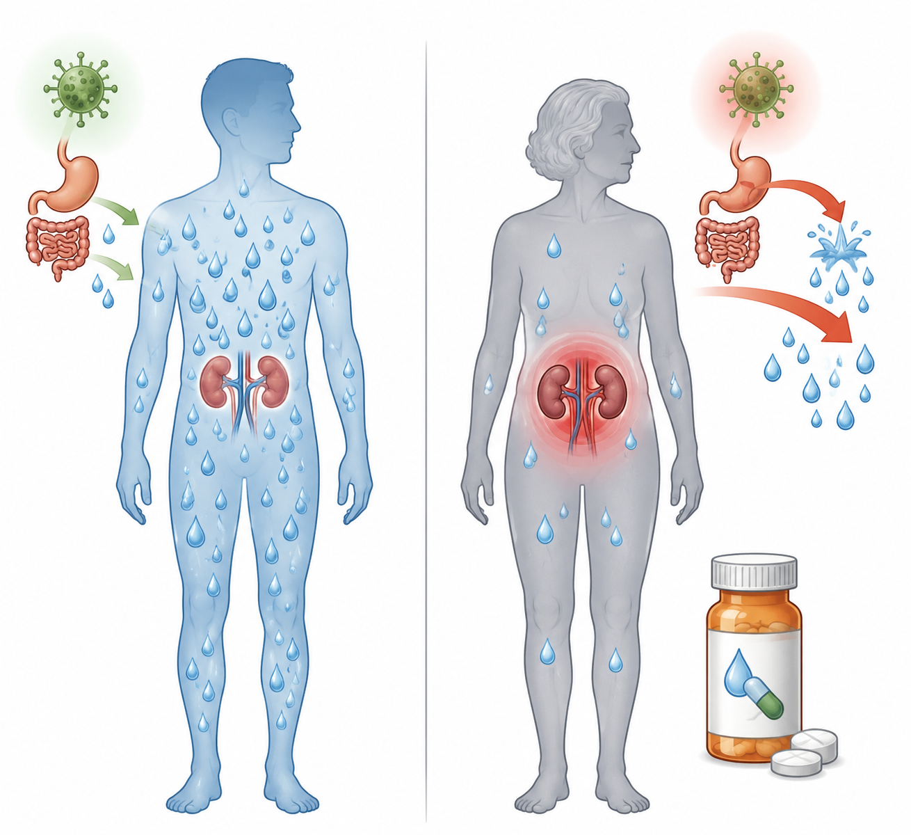Medical illustration showing fluid loss risk in an older adult with kidney warning and medication icon