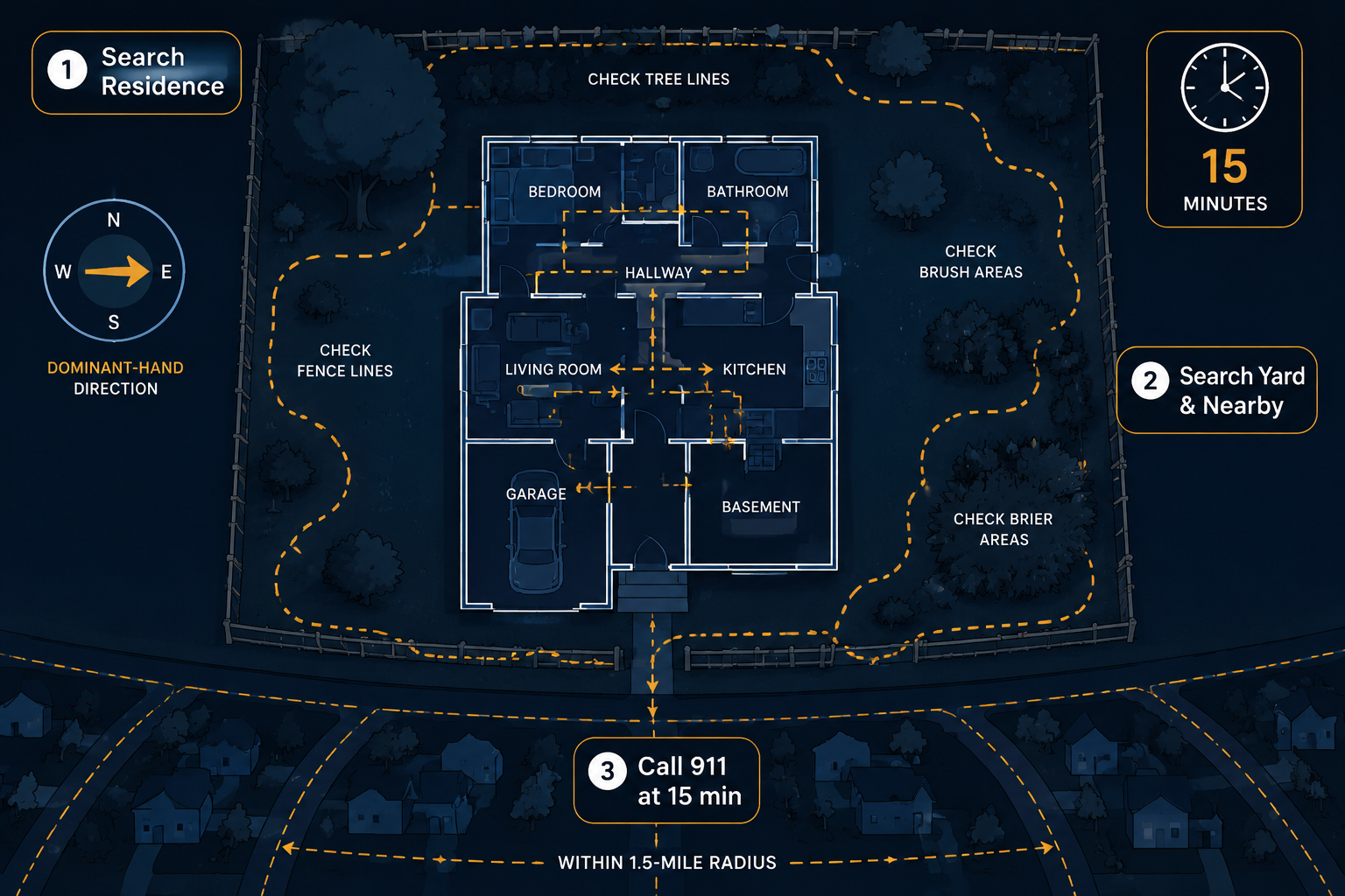 Diagram showing a 15-minute nighttime search expanding from rooms to yard and nearby neighborhood
