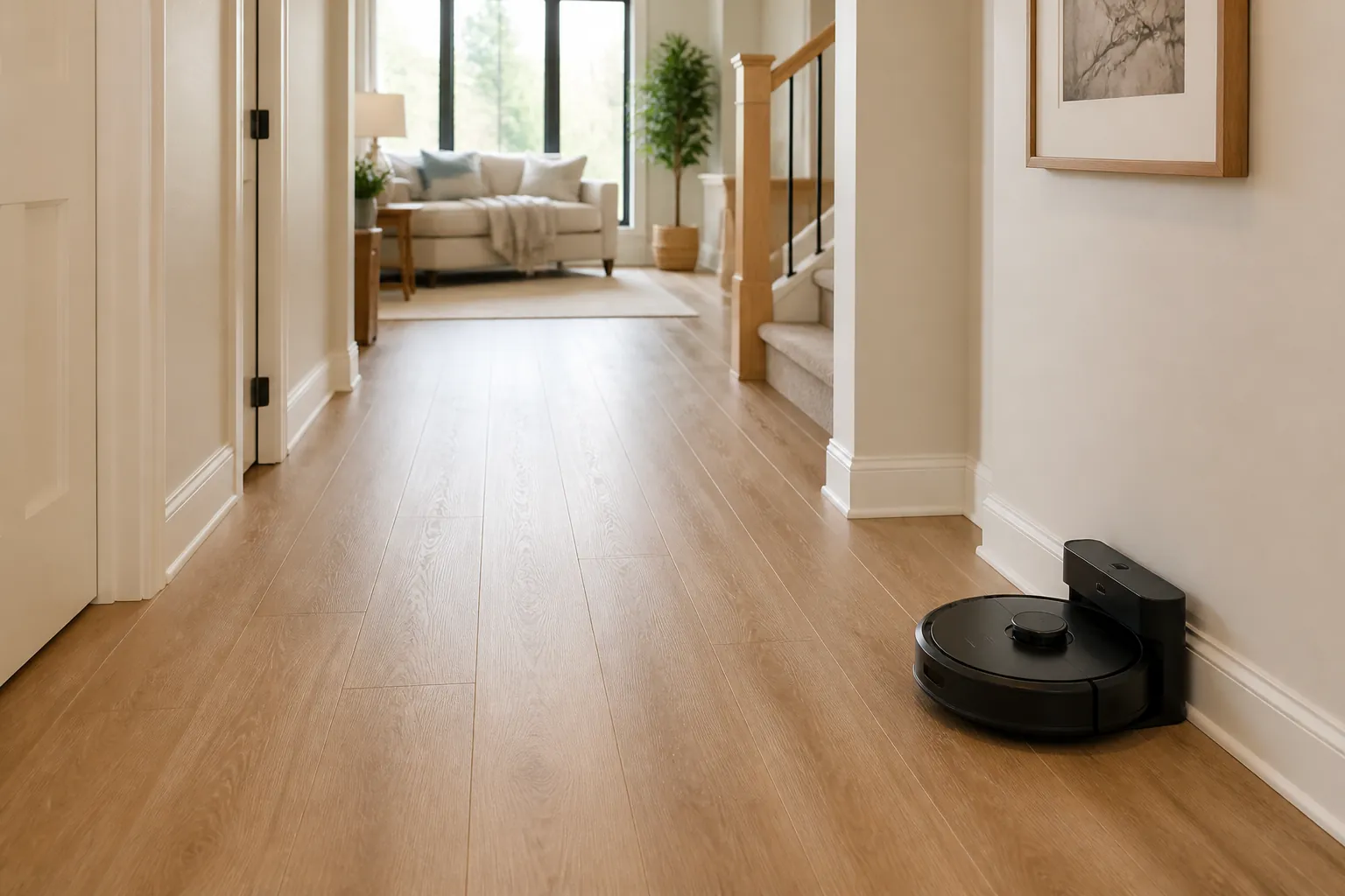 Tidy hallway with cords tucked away, throw rugs removed, and a robot vacuum dock placed out of the walking path