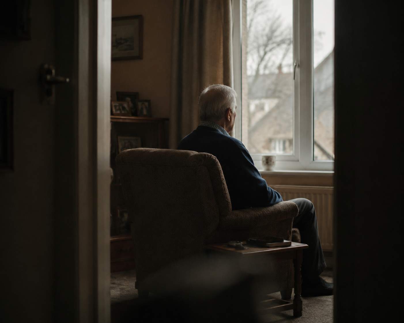 Older man sitting alone in a dim living room near a window