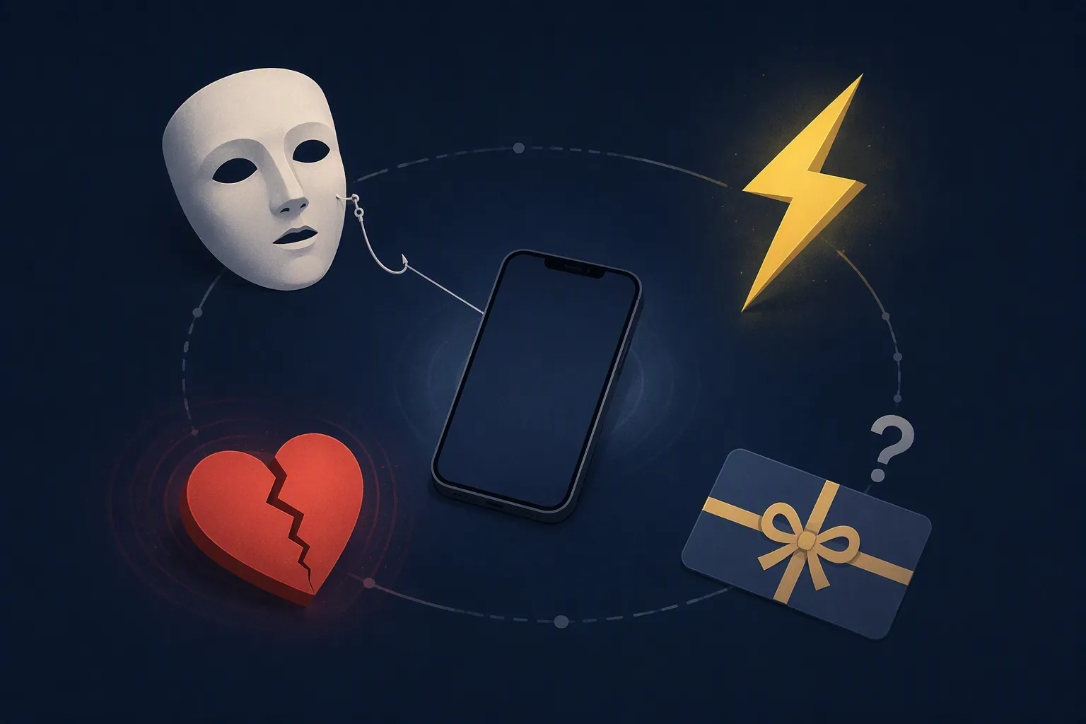 Smartphone surrounded by symbols of scam tactics including a mask, lightning bolt, cracked heart, and suspicious gift card