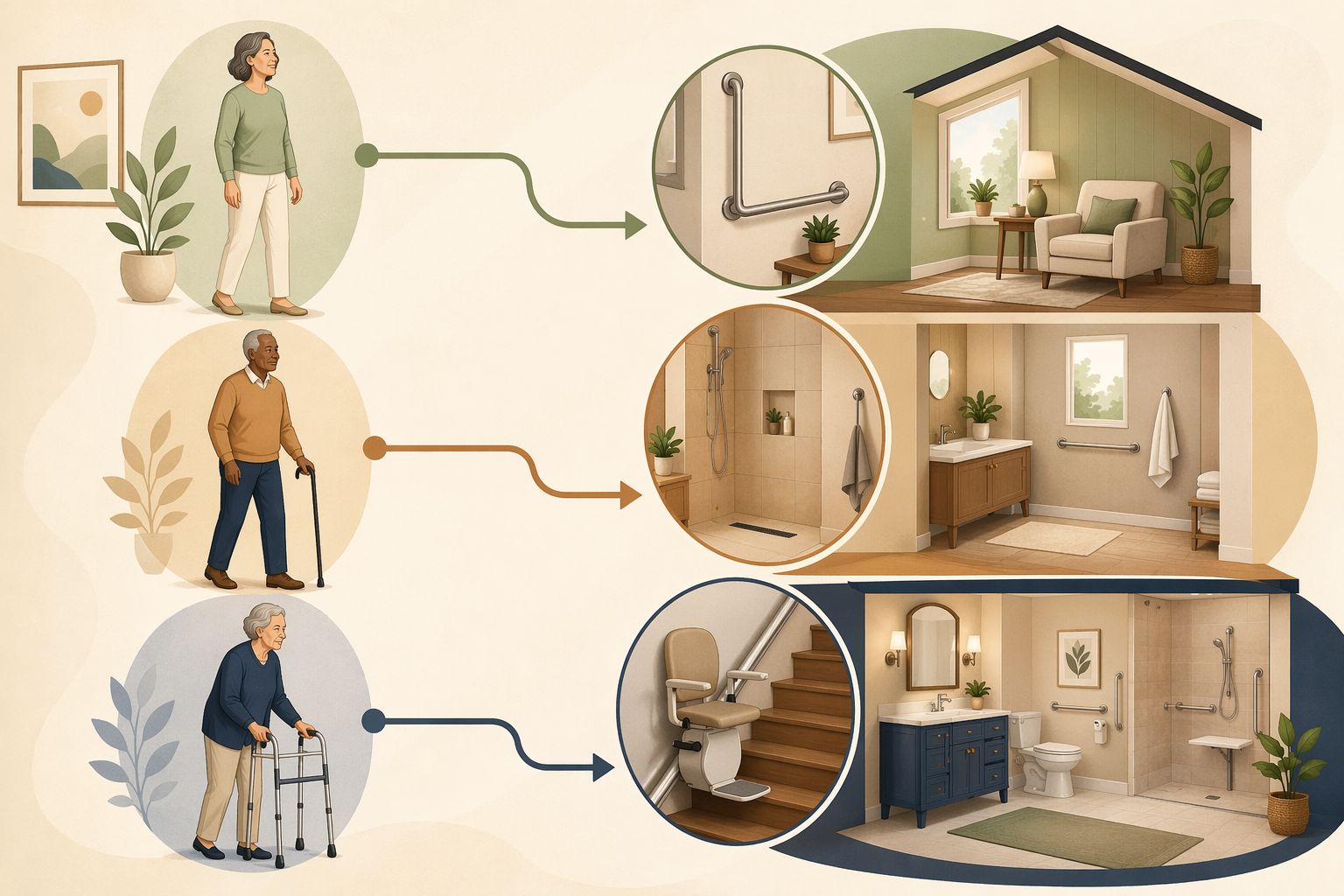 Editorial illustration showing three human silhouette figures at different functional ability levels (independent standing, using a cane, using a walker) visually matched via connecting lines to corresponding home modification icons of increasing complexity, from simple grab bars to full accessible bathroom and stair lift.