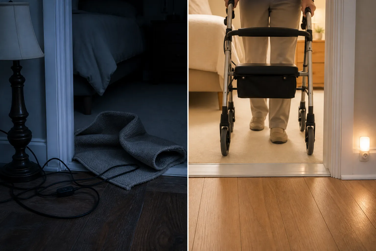 Before-and-after doorway showing a loose rug and cord removed so a walker can cross a clear, lit threshold