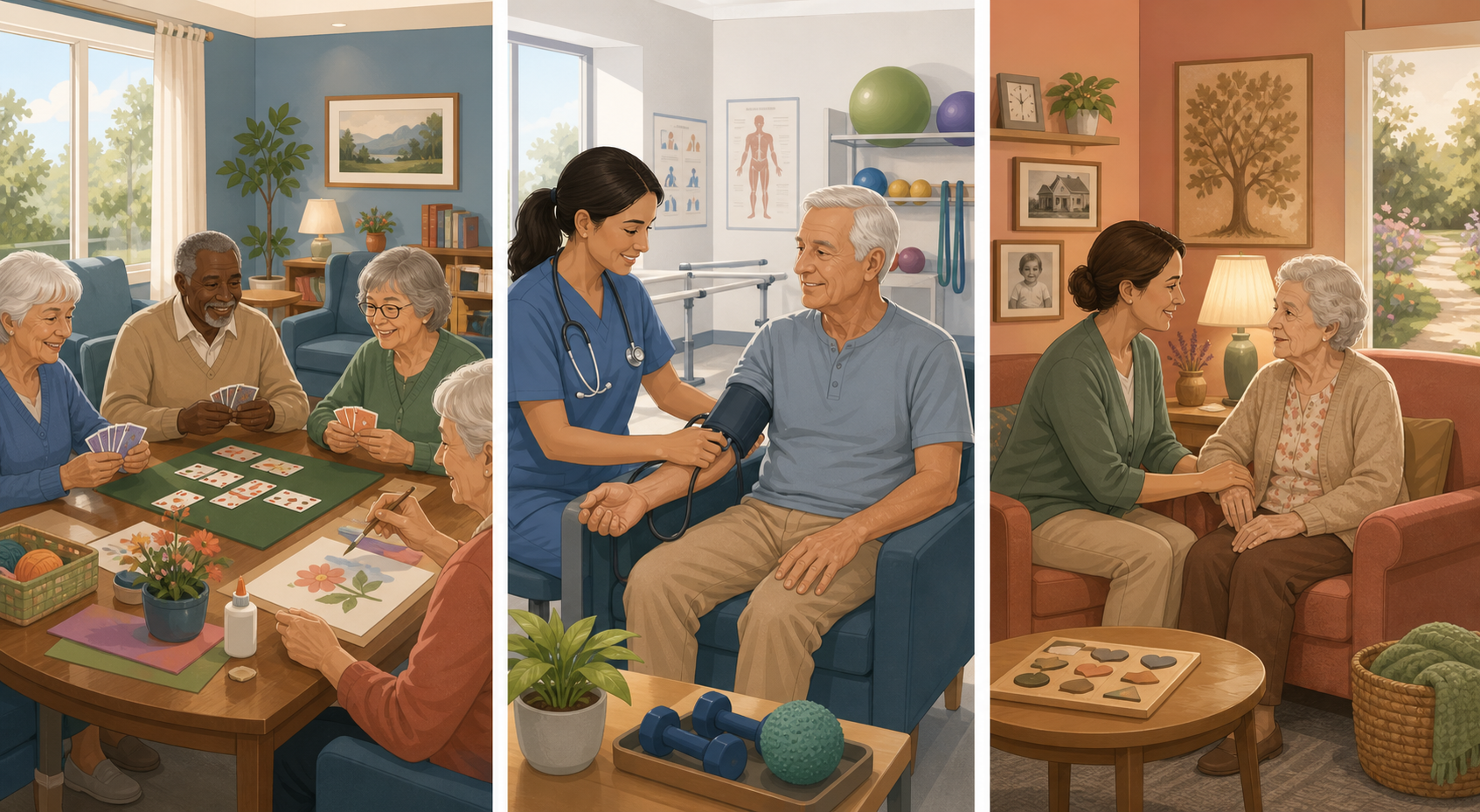 Three-panel editorial illustration comparing adult day care models: social activities, medical monitoring, and specialized dementia care.
