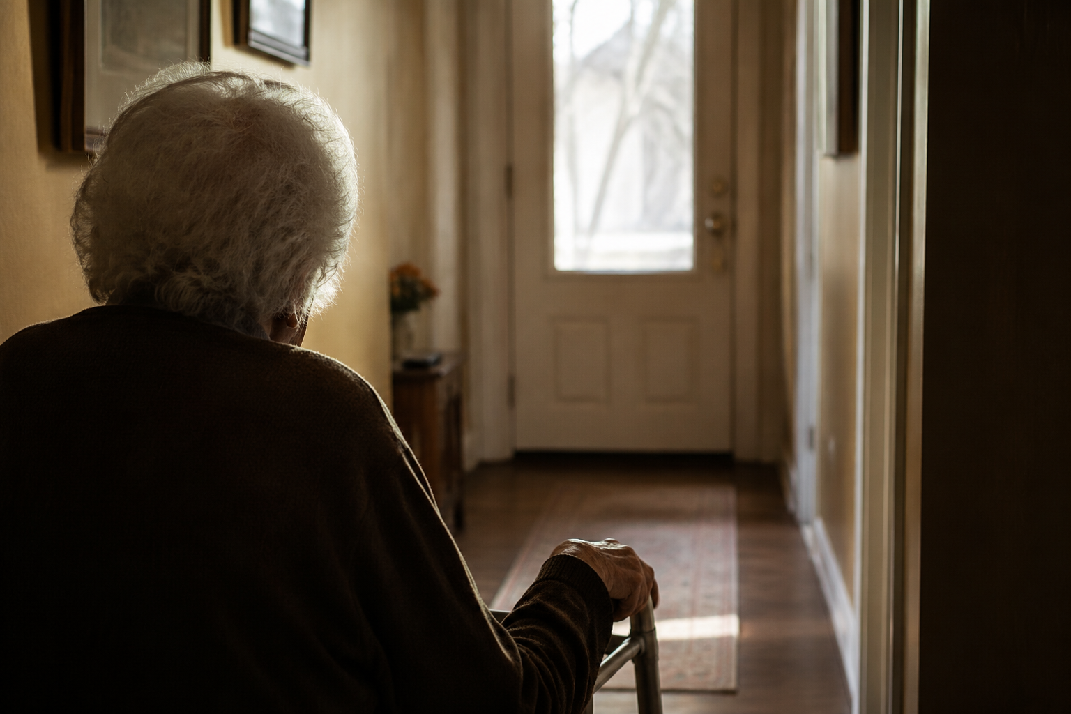 An elderly person's hand resting on a walker near a sunlit doorway, with a quiet hallway suggesting a long wait for home care