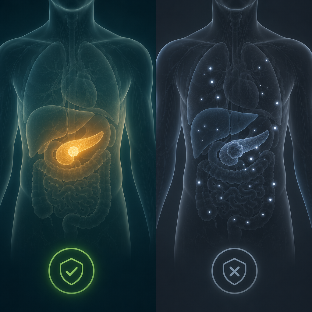 Side-by-side torso scan illustration comparing early pancreatic detection with later spread