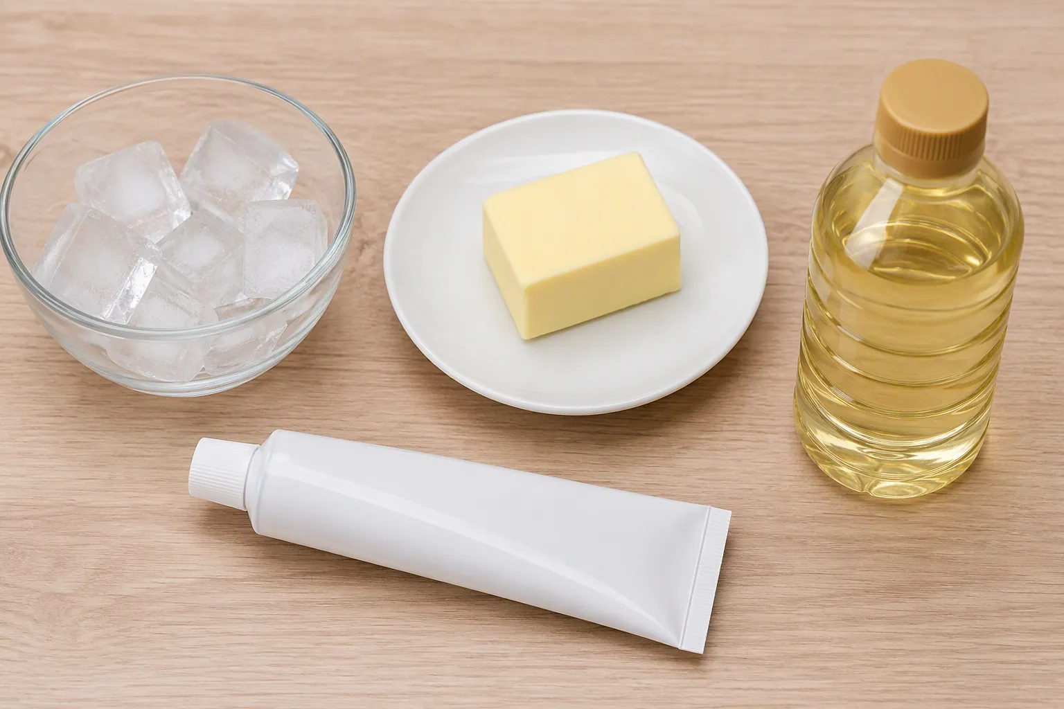 Ice, butter, toothpaste, and cooking oil arranged as items not to apply to a burn