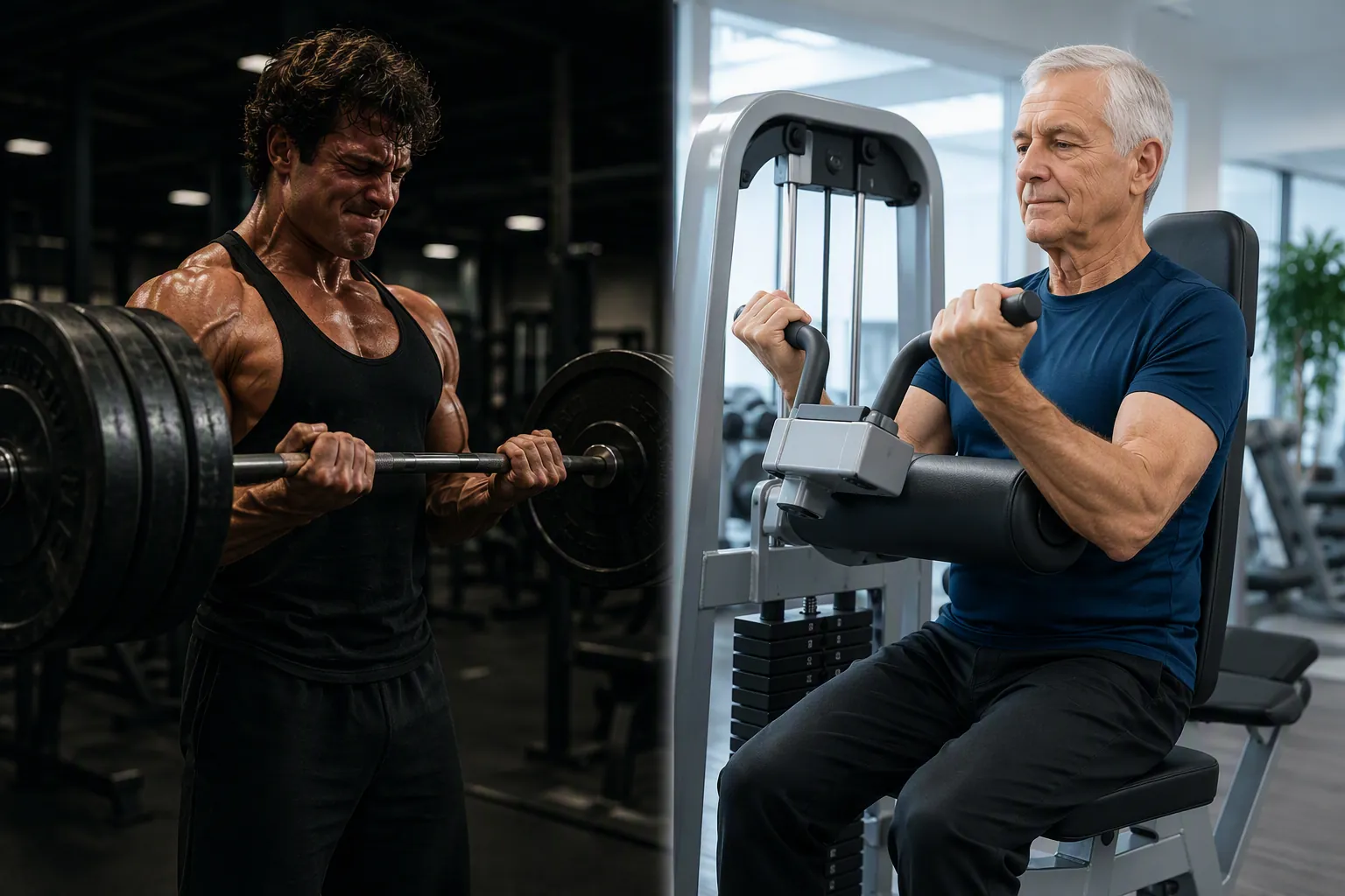 A young bodybuilder lifting heavily contrasted with an older adult using a supported gym machine