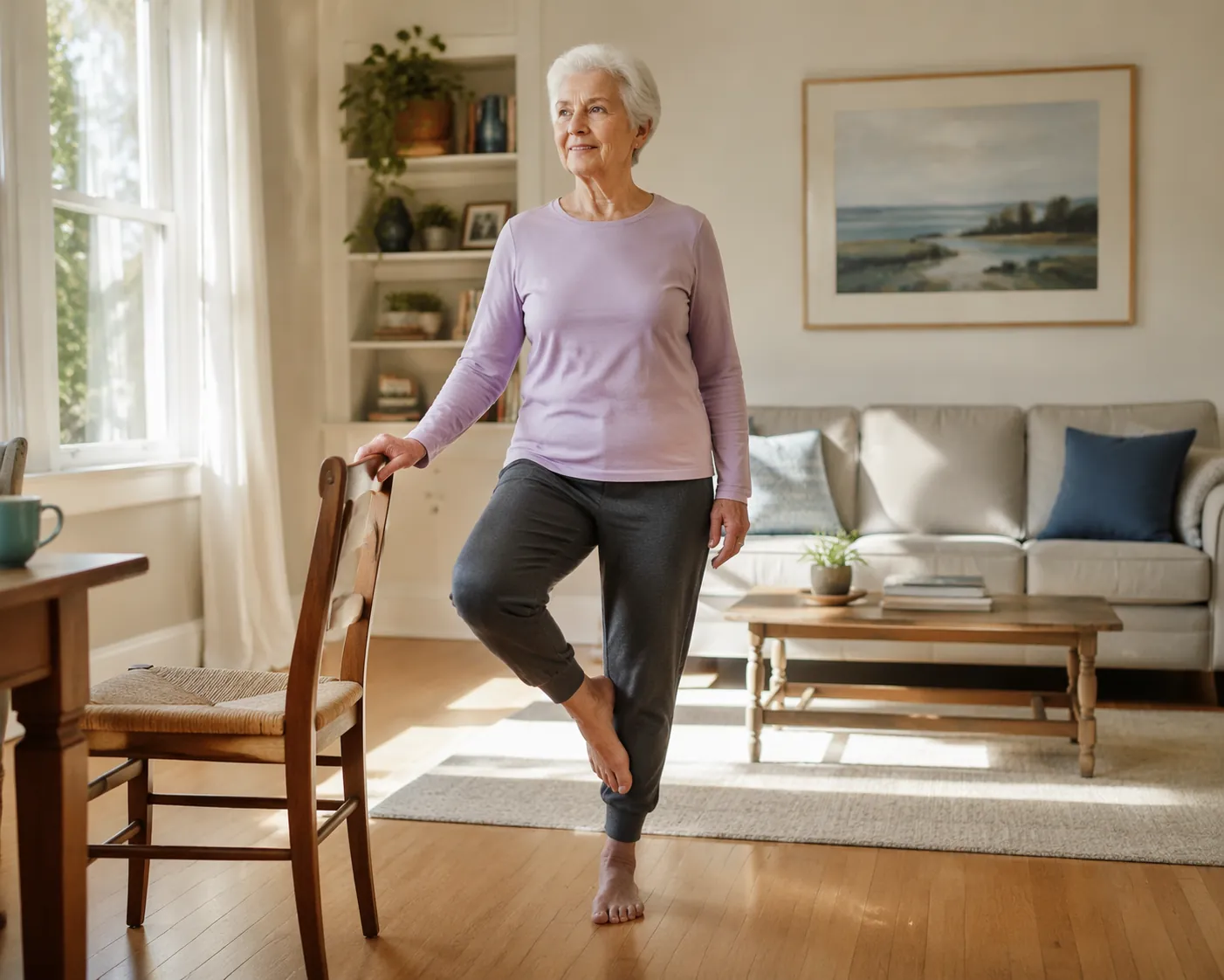 Older adult practicing a supported one-leg balance exercise beside a chair