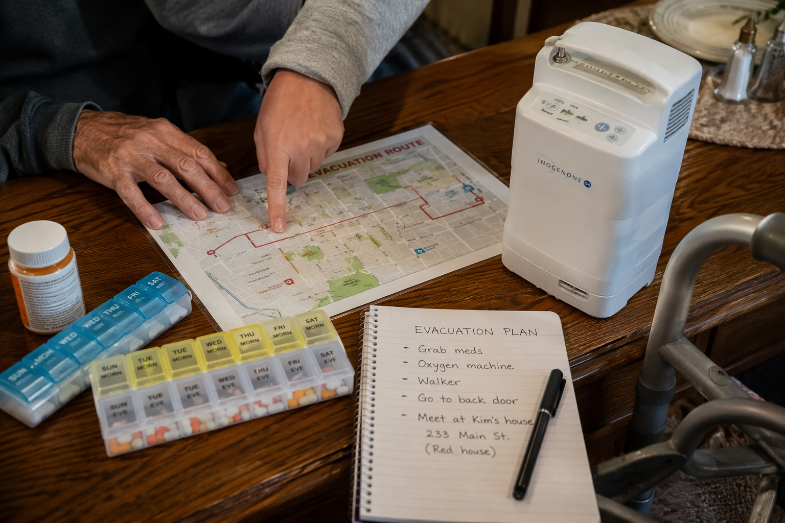 Hands over a printed evacuation route map beside a portable oxygen concentrator, medication organizers, and a walker.
