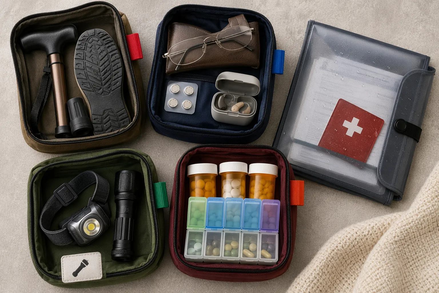 Color-coded pouches with tactile markers for mobility items, glasses, hearing aids, lighting, medications, and documents