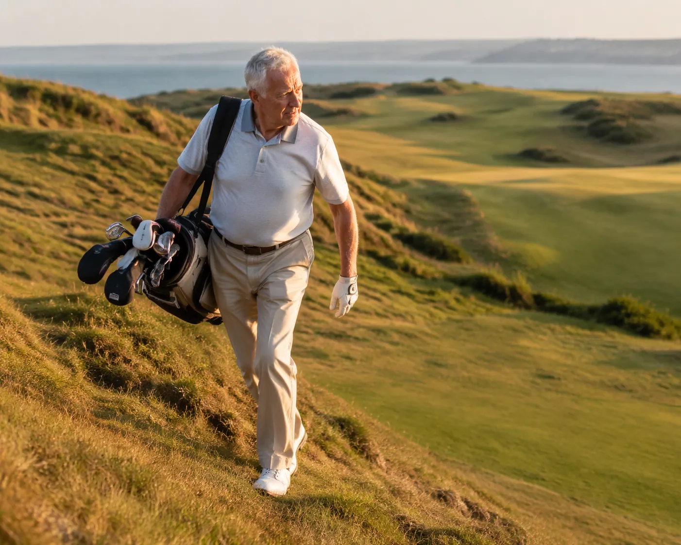 Senior golfer walking across an uneven rolling fairway while carrying a golf bag