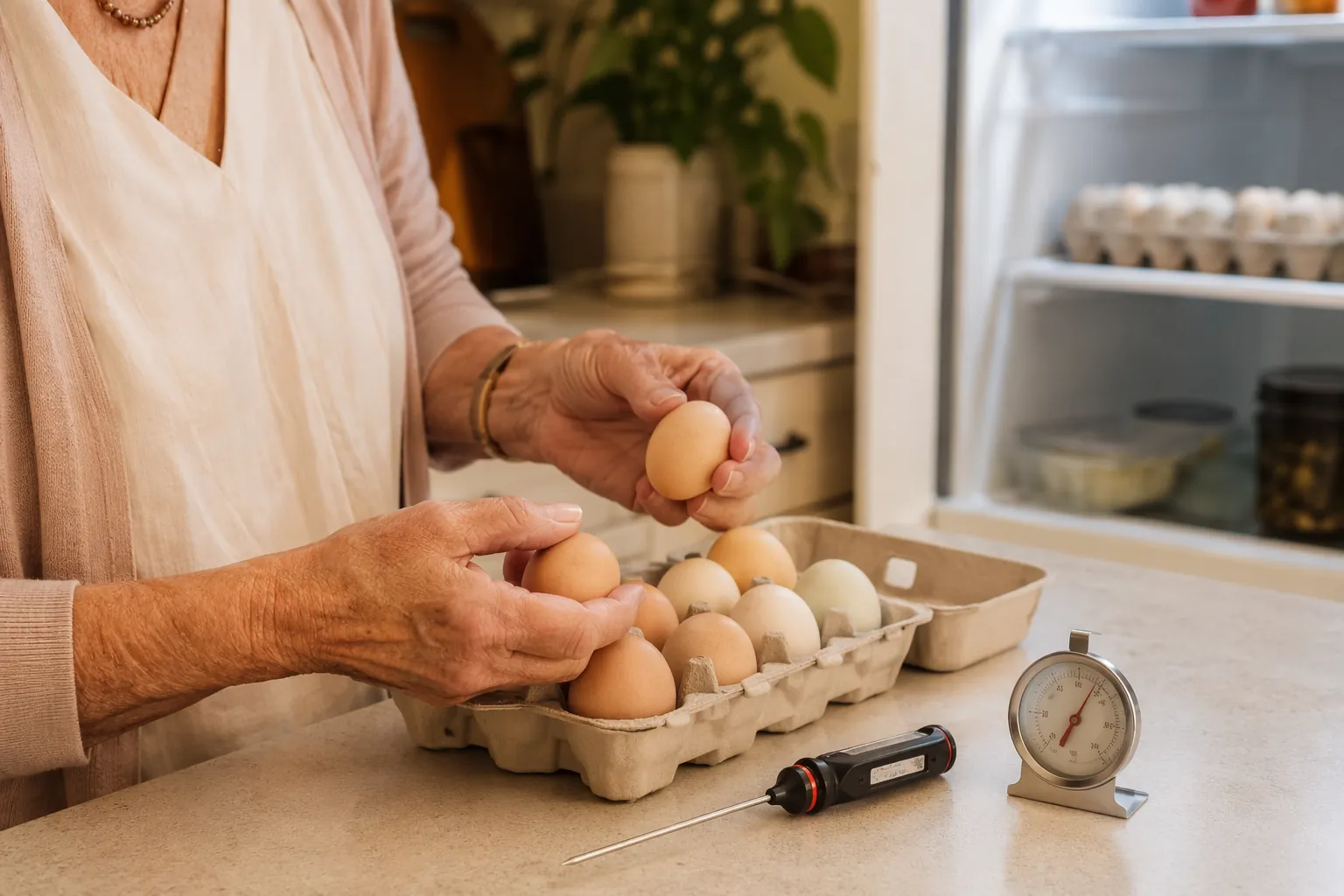 Senior woman handling eggs with food and refrigerator thermometers nearby