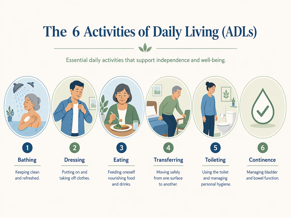 An illustration showing the six Activities of Daily Living: bathing, dressing, eating, transferring, toileting, and continence.
