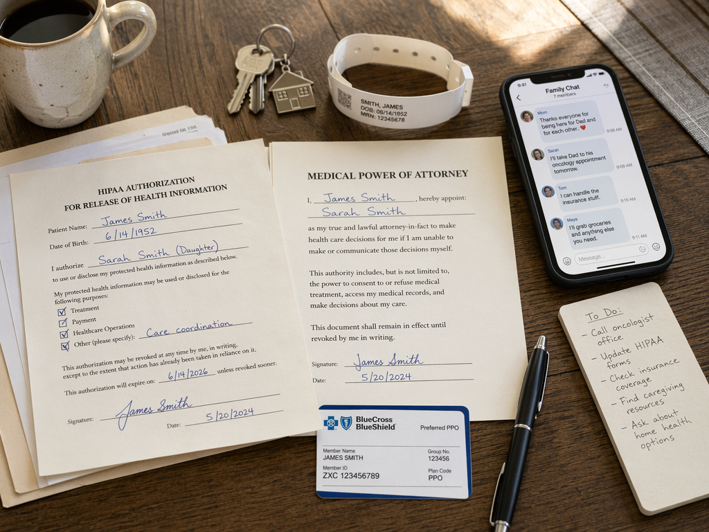 Caregiving documents, hospital wristband, keys, insurance card, phone, and legal forms arranged on a kitchen table