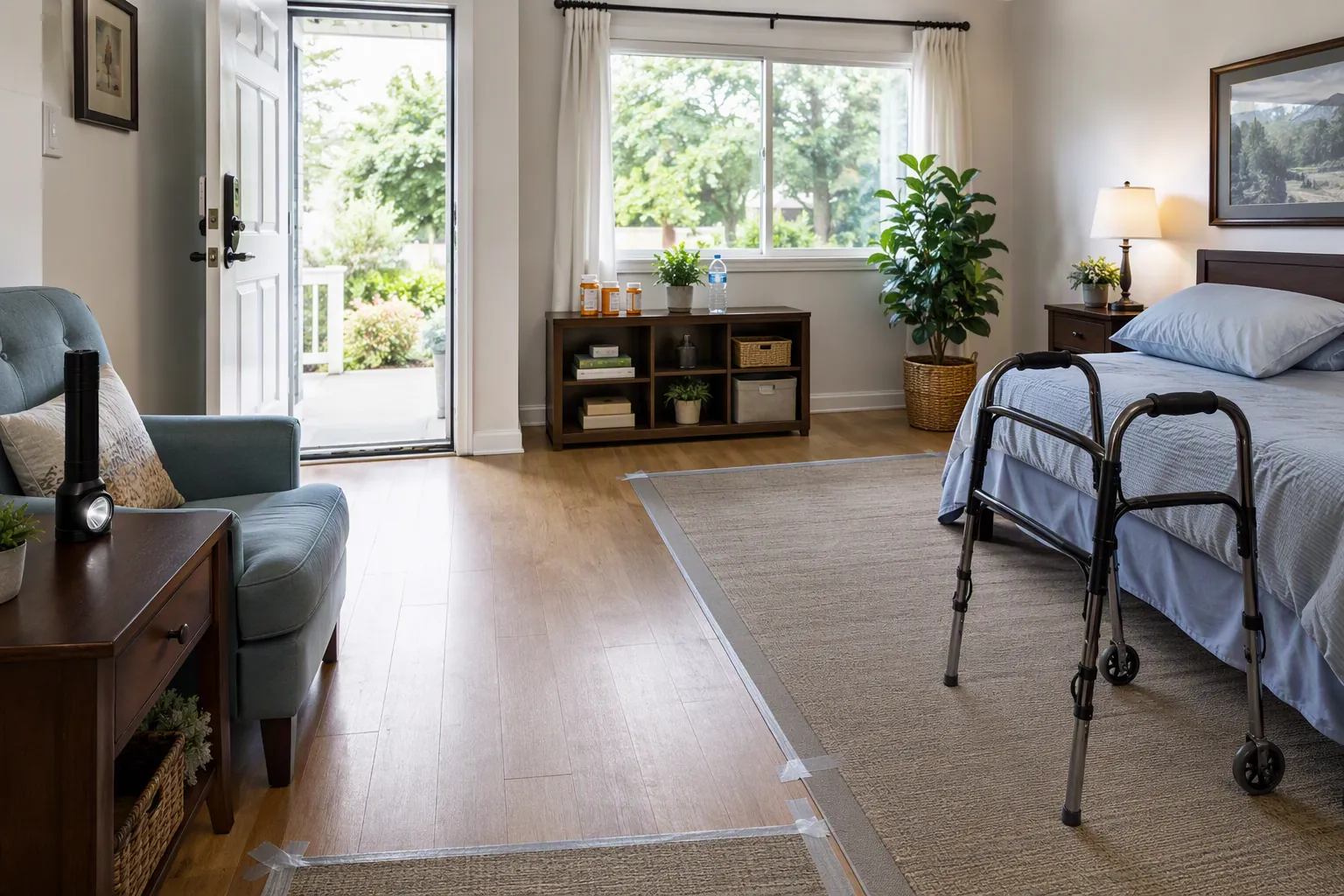 Prepared senior living space with clear walking path, taped rugs, flashlight, walker, medication, and water within easy reach