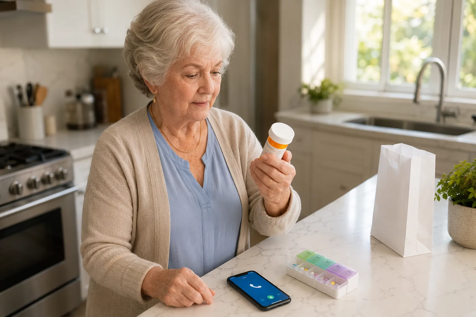 Senior woman checking a prescription pill bottle at a kitchen counter with a phone, pill organizer, and pharmacy bag nearby