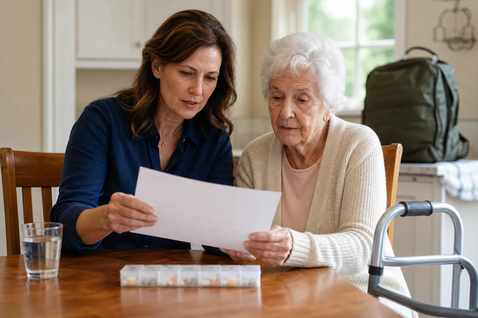 Adult child and elderly parent reviewing emergency papers at a kitchen table with a walker and emergency bag nearby