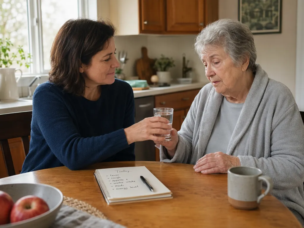 Caregiver handing an older adult a glass of water while tracking symptoms in a notebook