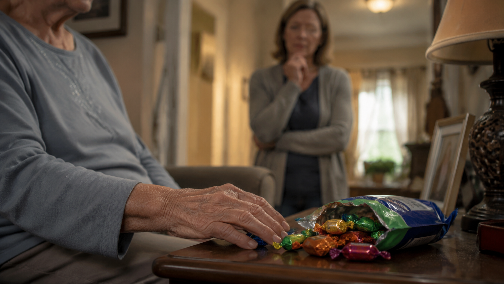 An older adult's hand near an open bag of sugar-free candies while a caregiver watches from the background
