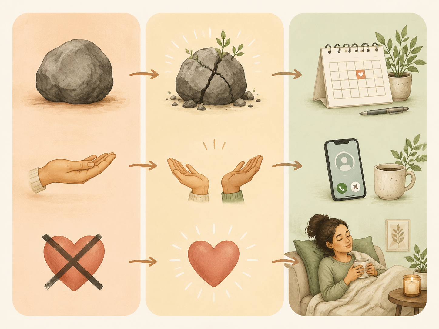 A visual model showing caregiving barriers being reframed into practical actions such as scheduling and calling for help