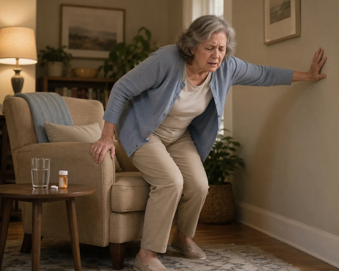 Older adult rising unsteadily from an armchair with water nearby