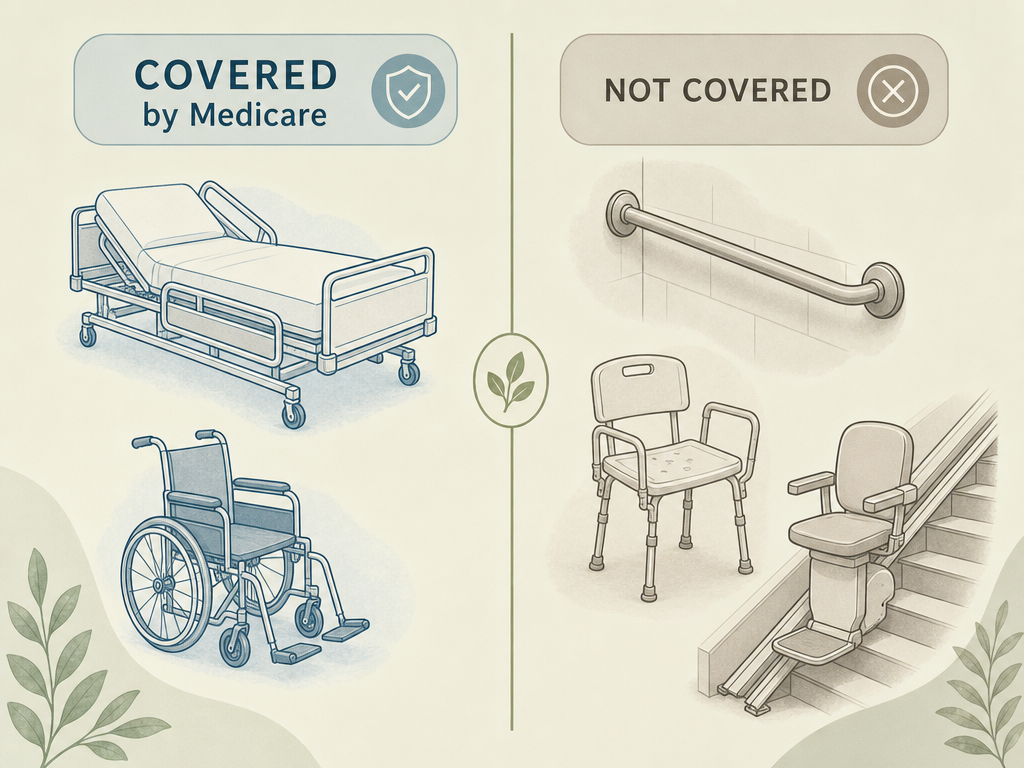 A side-by-side editorial comparison visual showing what Medicare covers (a hospital bed and wheelchair in soft blue on the left) versus what Medicare does not cover (a grab bar, shower chair, and stair lift in warm gray on the right), with a clean divider between the two columns on a sage green background.
