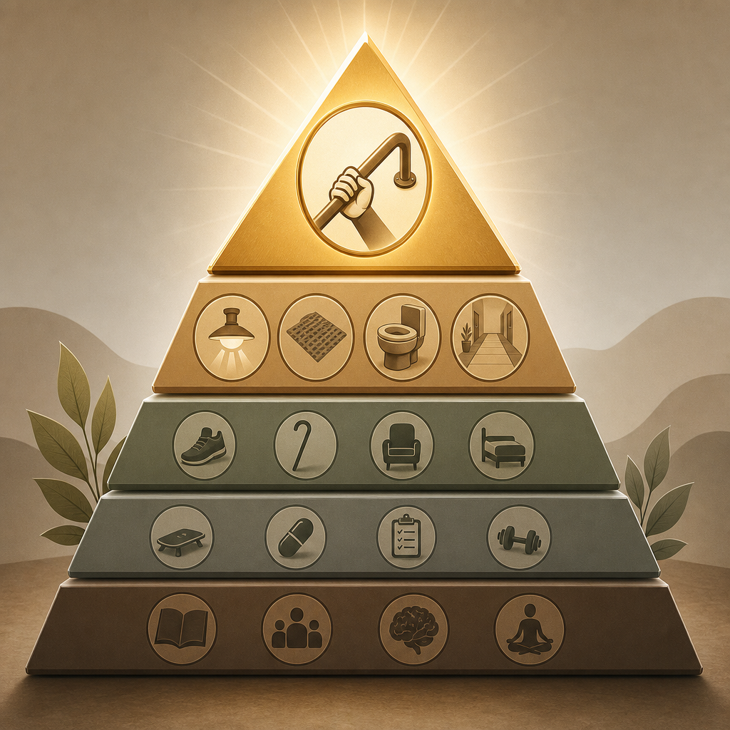 An editorial style visual hierarchy illustration with a pyramid shape where the topmost, brightest level features a hand gripping a curved grab bar icon representing secure rails, and lower levels show icons for other home modifications like lighting, non-slip flooring, and raised toilet seats.