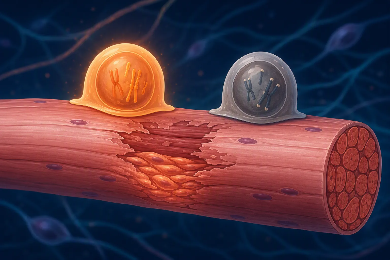 Biomedical illustration of healthy and senescent satellite cells near a damaged muscle fiber, showing how aging cells may affect repair capacity.
