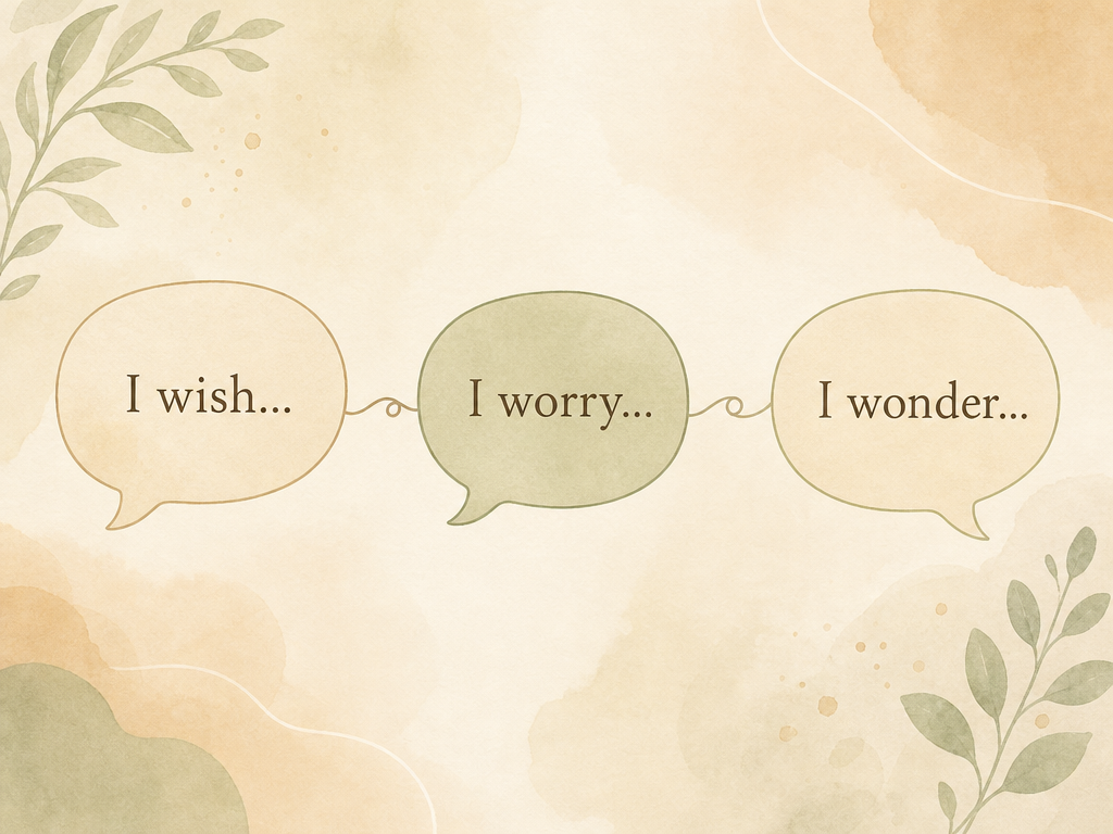 Three soft speech bubbles in warm cream and sage green tones connected by a flowing line, each containing a handwritten-style phrase: 'I wish...', 'I worry...', 'I wonder...' against a soft watercolor background in warm beige tones with organic shapes.