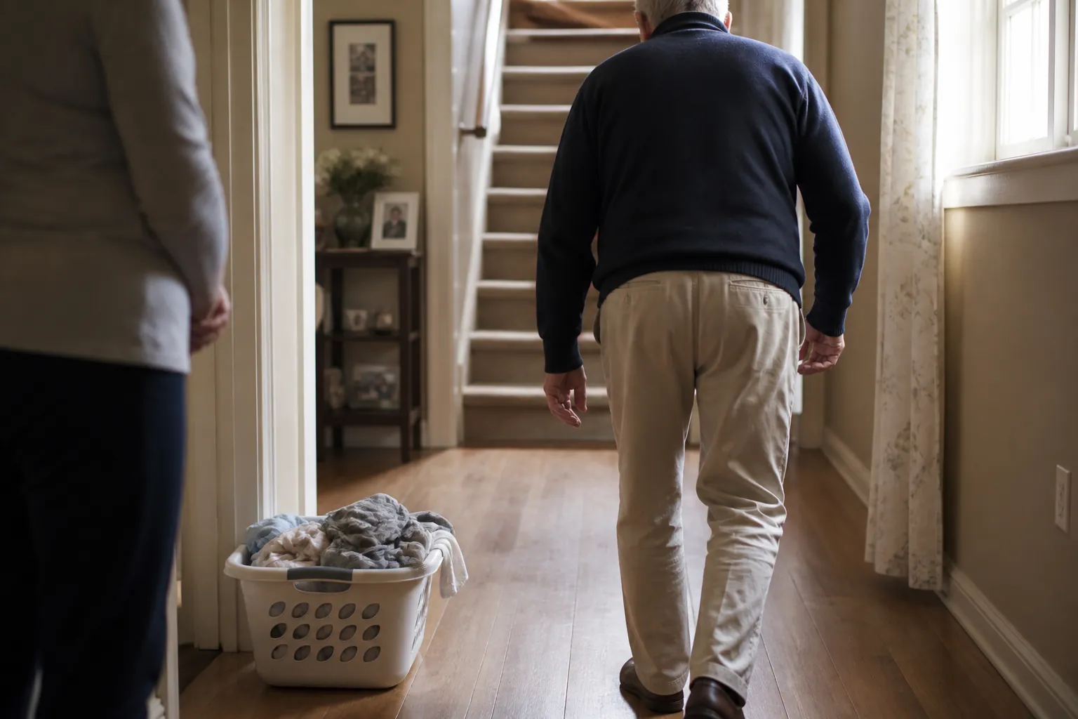 Older adult walking unsteadily past a laundry basket near stairs while a caregiver watches from the hallway