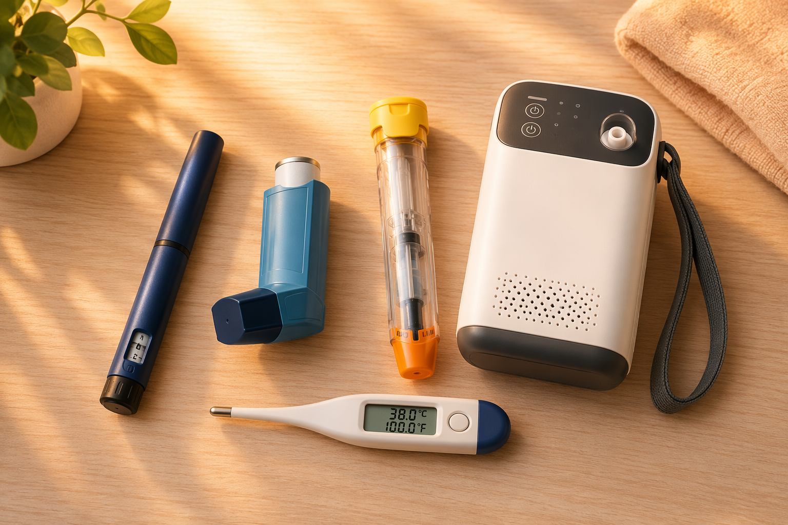 Heat-sensitive medical items including an insulin pen, inhaler, epinephrine auto-injector, and portable medical device beside a thermometer