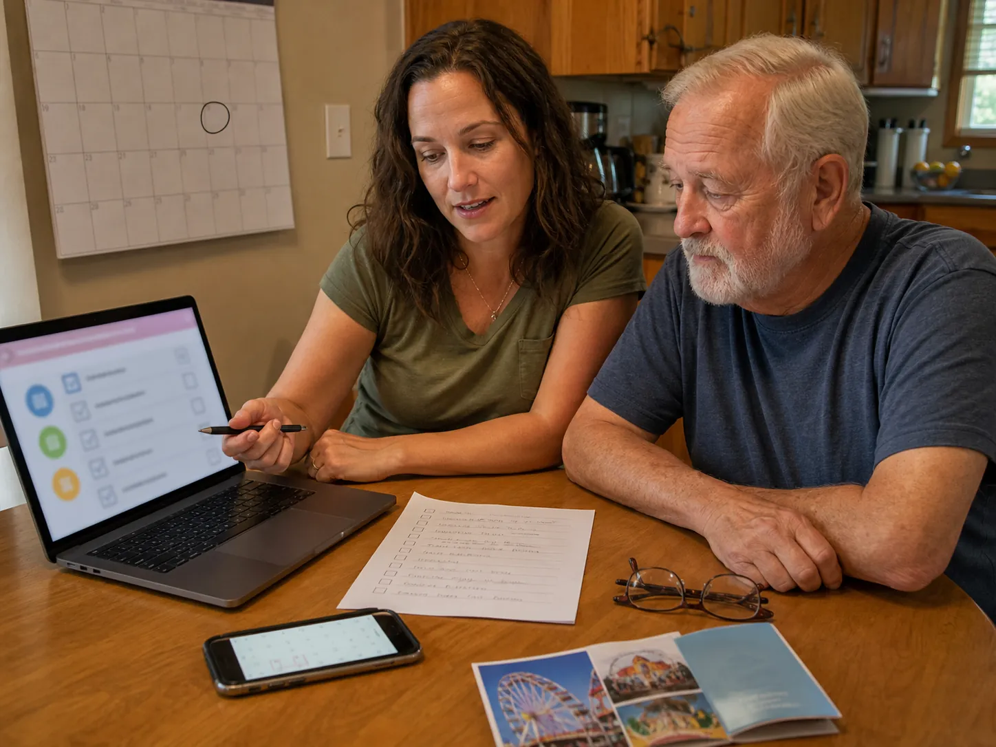 Adult daughter and older father planning a state fair trip at a kitchen table with a laptop, checklist, calendar, and phone