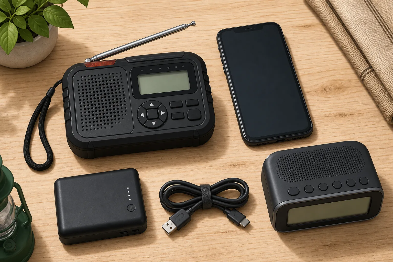Weather alert radio, smartphone, battery pack, cable, and clock-radio arranged as redundant alert devices