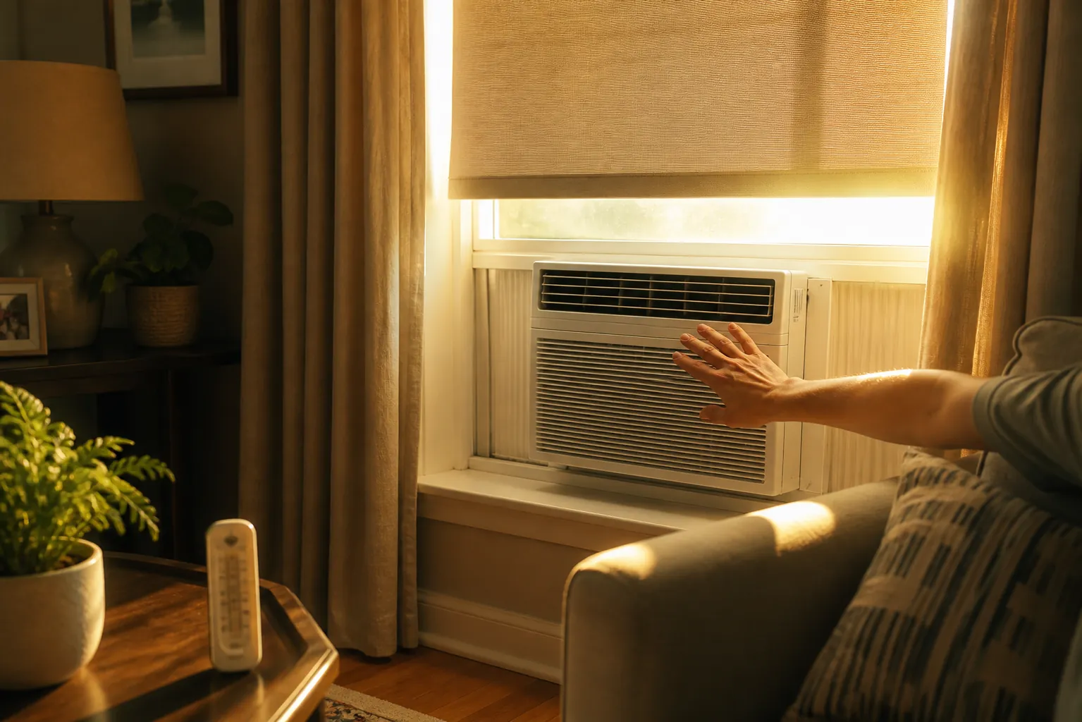 Living room during a heat wave with drawn shades, a window air conditioner being tested, and an indoor thermometer on a table