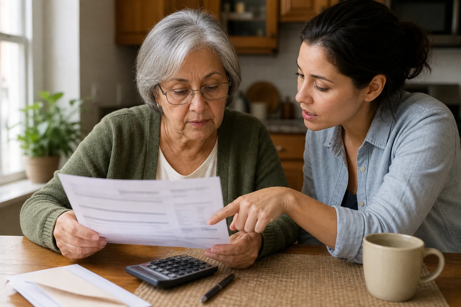 Older adult and adult child reviewing a mailed benefit statement together with a calculator on the table